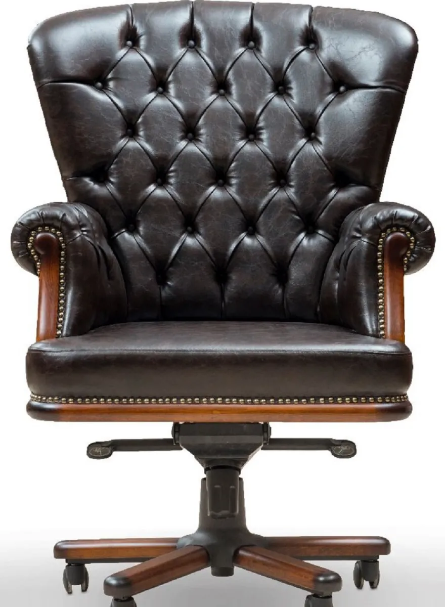 Casa Padrino Luxus Chesterfield Schreibtischstuhl Vintage Schwarz / Braun 84 x 93 x H. 114 cm - Höhenverstellbarer Kunstleder Bürostuhl - Büro Möbel - Chesterfield Möbel - Luxus Möbel