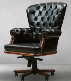 Casa Padrino Luxus Chesterfield Schreibtischstuhl Vintage Schwarz / Braun 84 x 93 x H. 114 cm - Höhenverstellbarer Kunstleder Bürostuhl - Büro Möbel - Chesterfield Möbel - Luxus Möbel