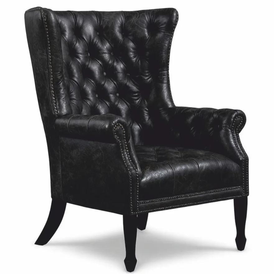Casa Padrino Luxus Chesterfield Echtleder Ohrensessel Vintage Schwarz / Schwarz