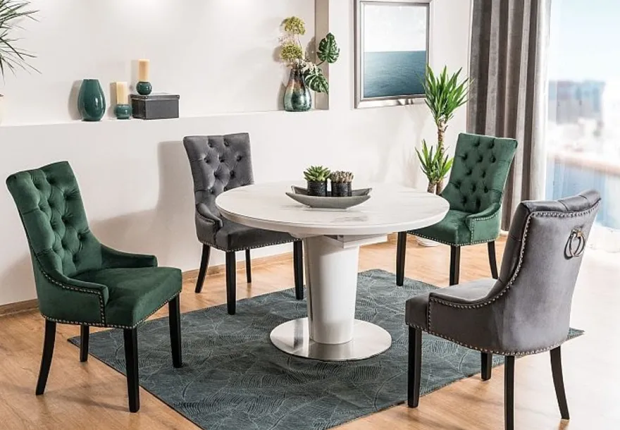 Casa Padrino Luxus Chesterfield Esszimmer Stuhl Grau / Silber / Schwarz - Küchenstuhl mit Samtstoff - Esszimmer Möbel