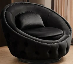 Casa Padrino Luxus Chesterfield Drehsessel Schwarz Ø 90 cm - Moderner Chesterfield Wohnzimmer Sessel - Luxus Chesterfield Wohnzimmer Möbel
