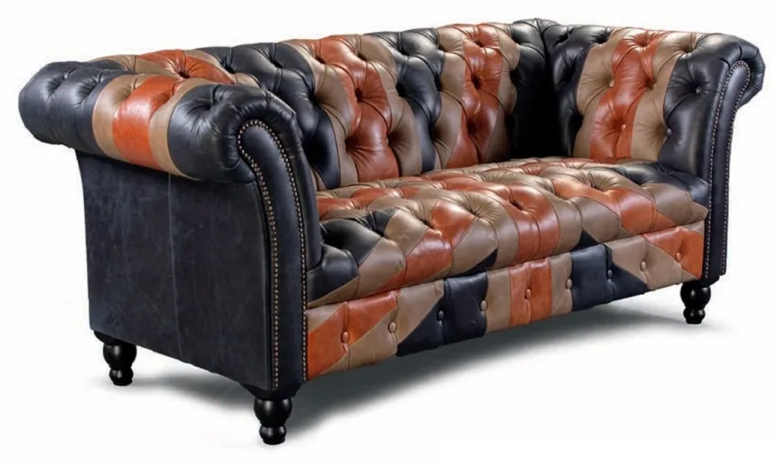 Casa Padrino Luxus Chesterfield Echtleder 2er Sofa Blau / Braun / Schwarz 200 cm
