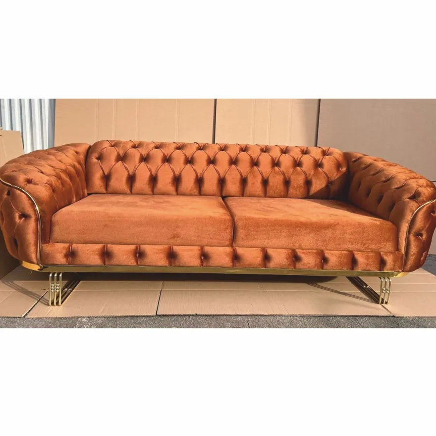 Casa Padrino Luxus Chesterfield Samt Sofa Braun / Gold 240 cm - Luxus Möbel
