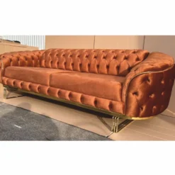 Casa Padrino Luxus Chesterfield Samt Sofa Braun / Gold 240 cm - Luxus Möbel