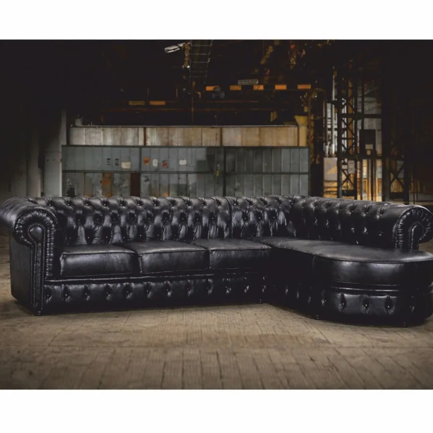 Casa Padrino Luxus Chesterfield Leder Ecksofa Vintage Schwarz 293 cm - Chesterfield Möbel