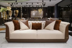Casa Padrino Luxus Chesterfield Sofa Naturfarben / Braun / Grau - Wohnzimmer Sofa - Hotel Sofa - Wohnzimmer Möbel - Hotel Möbel - Chesterfield Möbel - Luxus Möbel - Luxus Einrichtung