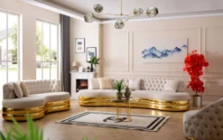 Casa Padrino Luxus Chesterfield 3er Sofa Creme / Gold 230 x 105 x H. 82 cm - Gebogenes Chesterfield Wohnzimmer Sofa - Wohnzimmer Möbel - Chesterfield Möbel - Luxus Möbel - Luxus Einrichtung