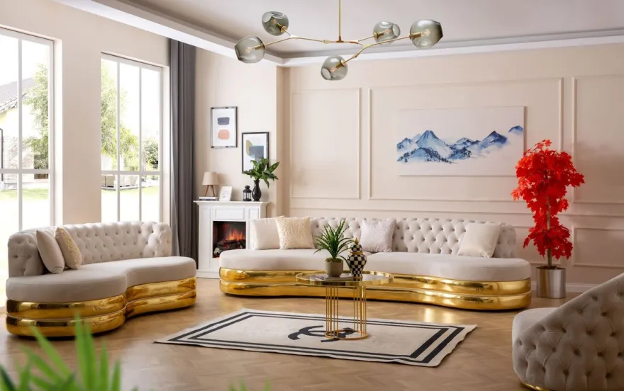 Casa Padrino Luxus Chesterfield 3er Sofa Creme / Gold 230 x 105 x H. 82 cm - Gebogenes Chesterfield Wohnzimmer Sofa - Wohnzimmer Möbel - Chesterfield Möbel - Luxus Möbel - Luxus Einrichtung