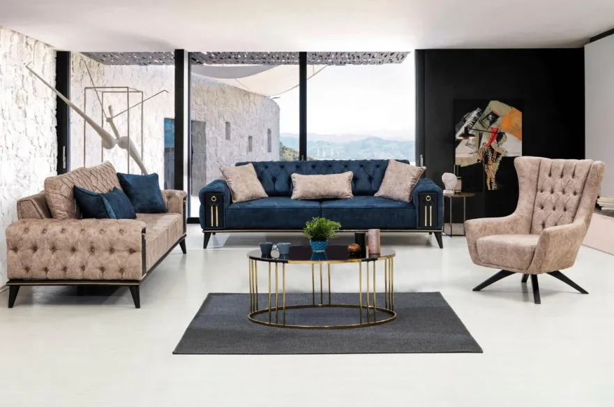 Casa Padrino Luxus Chesterfield Schlafsofa Blau / Schwarz / Gold 220 x 90 x H. 80 cm - Modernes Wohnzimmer Sofa - Chesterfield Wohnzimmer Möbel