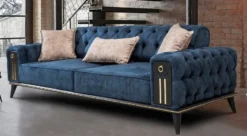 Casa Padrino Luxus Chesterfield Schlafsofa Blau / Schwarz / Gold 220 x 90 x H. 80 cm - Modernes Wohnzimmer Sofa - Chesterfield Wohnzimmer Möbel