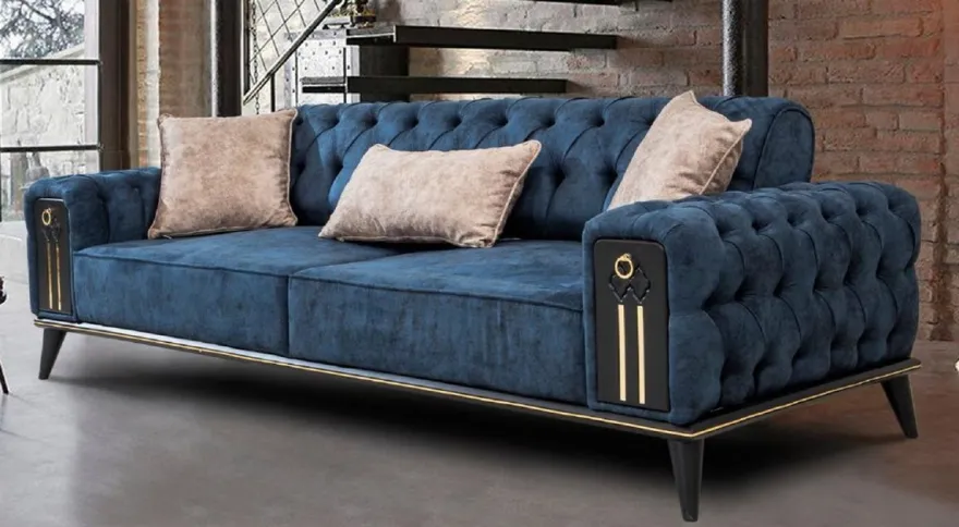 Casa Padrino Luxus Chesterfield Schlafsofa Blau / Schwarz / Gold 220 x 90 x H. 80 cm - Modernes Wohnzimmer Sofa - Chesterfield Wohnzimmer Möbel