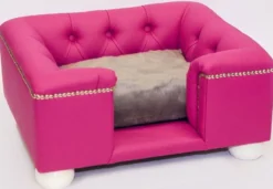 Casa Padrino Luxus Chesterfield Leder Hundebett Pink / Weiß / Grau 80 x 65 x H. 37 cm - Rechteckiges Echtleder Hundebett - Chesterfield Tiermöbel - Luxus Tiermöbel - Leder Tiermöbel - Hundemöbel
