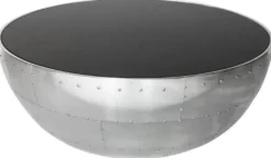 Casa Padrino Luxus Couchtisch Silber / Schwarz Ø 82 x H. 34 cm - Runder Aluminium Wohnzimmertisch mit Glasplatte - Aluminium Flugzeug Flieger Möbel - Wohnzimmer Möbel - Luxus Möbel