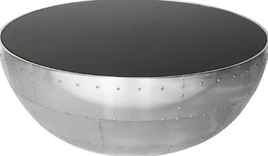 Casa Padrino Luxus Couchtisch Silber / Schwarz Ø 82 x H. 34 cm - Runder Aluminium Wohnzimmertisch mit Glasplatte - Aluminium Flugzeug Flieger Möbel - Wohnzimmer Möbel - Luxus Möbel