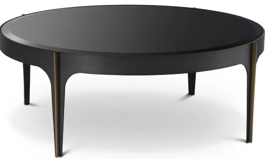 Casa Padrino Luxus Couchtisch Bronze / Messing / Schwarz Ø 94 x H. 34,5 cm - Runder Edelstahl Wohnzimmertisch mit Glasplatte - Luxus Wohnzimmer Möbel