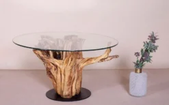 Casa Padrino Luxus Couchtisch mit Glasplatte Naturfarben / Schwarz Ø 90 cm