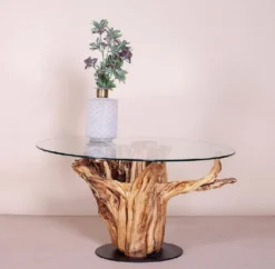 Casa Padrino Luxus Couchtisch mit Glasplatte Naturfarben / Schwarz Ø 90 cm