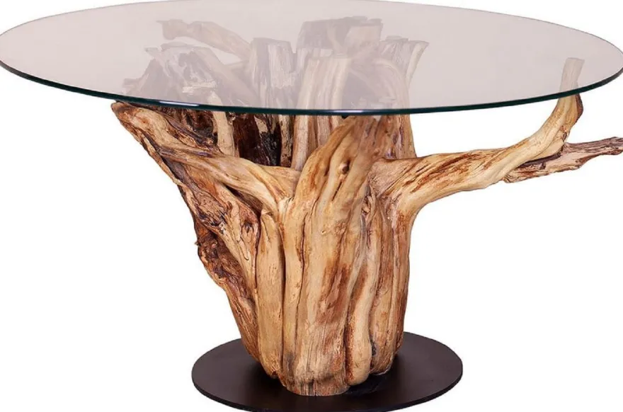Casa Padrino Luxus Couchtisch mit Glasplatte Naturfarben / Schwarz Ø 90 cm