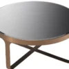 Casa Padrino Luxus Couchtisch Kupferfarben / Schwarz Ø 90 x H. 38,5 cm - Runder Edelstahl Wohnzimmertisch mit Glasplatte - Wohnzimmer Möbel - Luxus Möbel