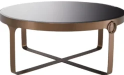 Casa Padrino Luxus Couchtisch Kupferfarben / Schwarz Ø 90 x H. 38,5 cm - Runder Edelstahl Wohnzimmertisch mit Glasplatte - Wohnzimmer Möbel - Luxus Möbel