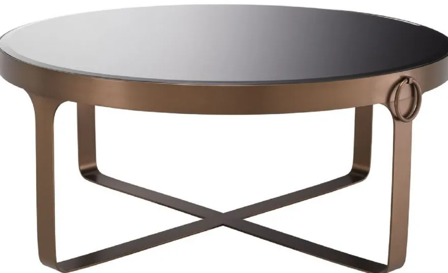 Casa Padrino Luxus Couchtisch Kupferfarben / Schwarz Ø 90 x H. 38,5 cm - Runder Edelstahl Wohnzimmertisch mit Glasplatte - Wohnzimmer Möbel - Luxus Möbel