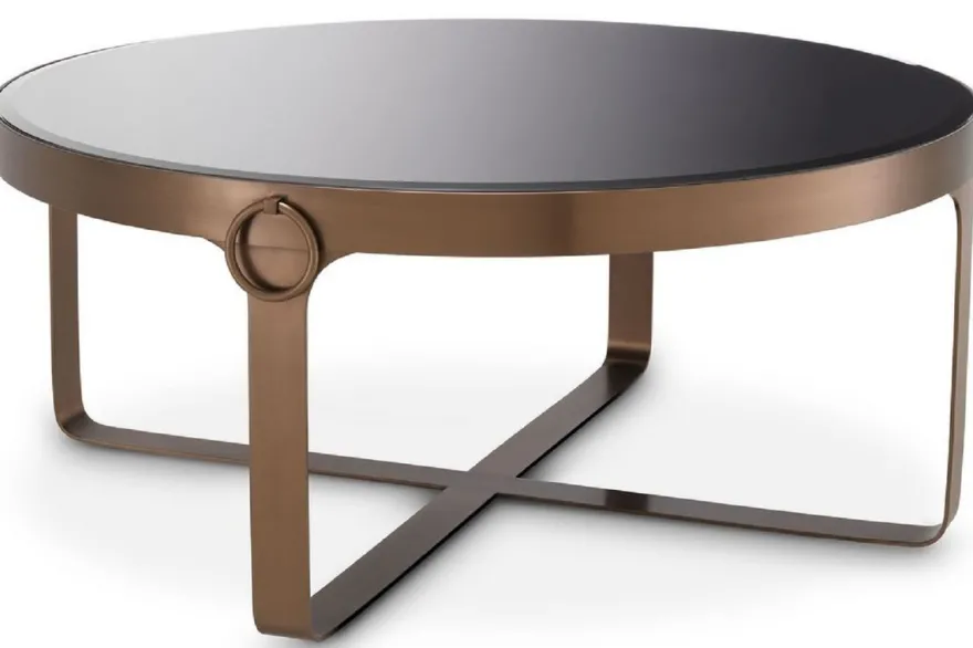 Casa Padrino Luxus Couchtisch Kupferfarben / Schwarz Ø 90 x H. 38,5 cm - Runder Edelstahl Wohnzimmertisch mit Glasplatte - Wohnzimmer Möbel - Luxus Möbel