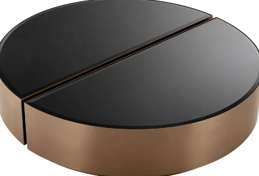 Casa Padrino Luxus Couchtisch Set Kupferfarben / Schwarz - 2 halbkreisförmige Edelstahl Wohnzimmertische mit abgeschrägten Glasplatten - Luxus Wohnzimmer Möbel
