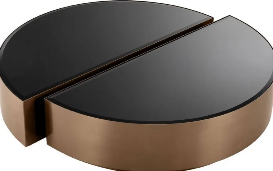 Casa Padrino Luxus Couchtisch Set Kupferfarben / Schwarz - 2 halbkreisförmige Edelstahl Wohnzimmertische mit abgeschrägten Glasplatten - Luxus Wohnzimmer Möbel