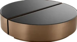 Casa Padrino Luxus Couchtisch Set Kupferfarben / Schwarz - 2 halbkreisförmige Edelstahl Wohnzimmertische mit abgeschrägten Glasplatten - Luxus Wohnzimmer Möbel