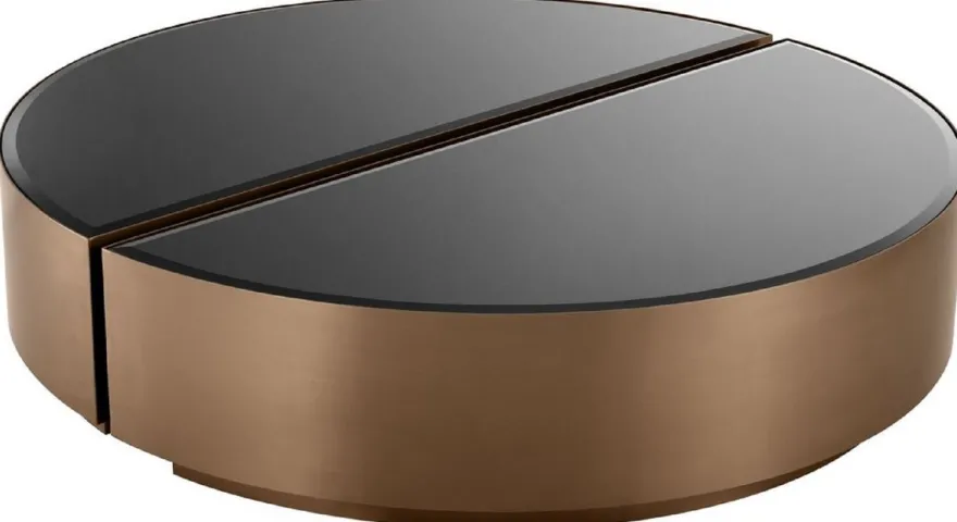 Casa Padrino Luxus Couchtisch Set Kupferfarben / Schwarz - 2 halbkreisförmige Edelstahl Wohnzimmertische mit abgeschrägten Glasplatten - Luxus Wohnzimmer Möbel
