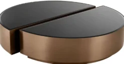Casa Padrino Luxus Couchtisch Set Kupferfarben / Schwarz - 2 halbkreisförmige Edelstahl Wohnzimmertische mit abgeschrägten Glasplatten - Luxus Wohnzimmer Möbel