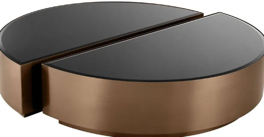 Casa Padrino Luxus Couchtisch Set Kupferfarben / Schwarz - 2 halbkreisförmige Edelstahl Wohnzimmertische mit abgeschrägten Glasplatten - Luxus Wohnzimmer Möbel