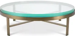 Casa Padrino Luxus Couchtisch Messing Ø 97,5 x H. 30 cm - Runder Wohnzimmertisch mit Glasplatte - Wohnzimmer Möbel - Luxus Möbel - Wohnzimmer Einrichtung - Luxus Einrichtung