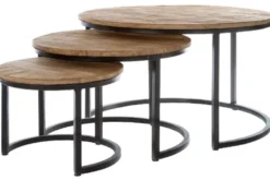 Casa Padrino Luxus Couchtisch 3er Set Naturfarben / Schwarz Ø 78 x H. 48 cm - Runde Wohnzimmertische mit halbrundem Metall Untergestell