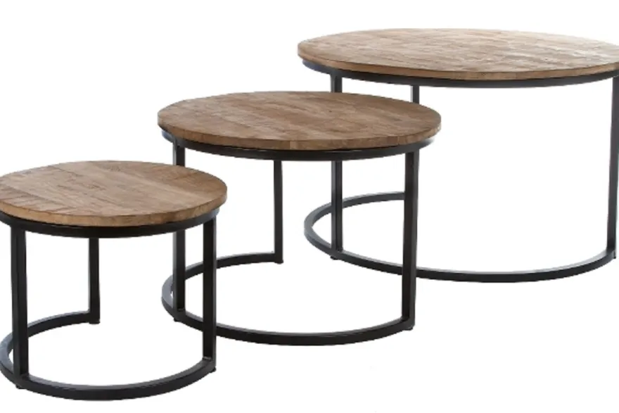 Casa Padrino Luxus Couchtisch 3er Set Naturfarben / Schwarz Ø 78 x H. 48 cm - Runde Wohnzimmertische mit halbrundem Metall Untergestell
