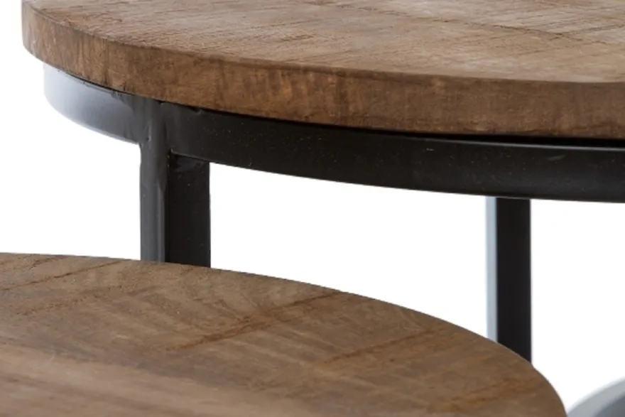 Casa Padrino Luxus Couchtisch 3er Set Naturfarben / Schwarz Ø 78 x H. 48 cm - Runde Wohnzimmertische mit halbrundem Metall Untergestell