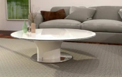 Casa Padrino Luxus Couchtisch Hochglanz Weiß / Silber Ø 140 x H. 40 cm - Runder Wohnzimmertisch mit Glasplatte - Luxus Wohnzimmer Möbel