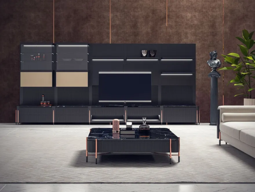 Casa Padrino Luxus Couchtisch Schwarz / Matt Schwarz / Kupfer 124 x 124 x H. 35 cm - Quadratischer Wohnzimmertisch mit Marmorplatte - Wohnzimmer Möbel - Hotel Möbel - Luxus Möbel
