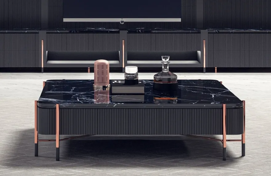 Casa Padrino Luxus Couchtisch Schwarz / Matt Schwarz / Kupfer 124 x 124 x H. 35 cm - Quadratischer Wohnzimmertisch mit Marmorplatte - Wohnzimmer Möbel - Hotel Möbel - Luxus Möbel