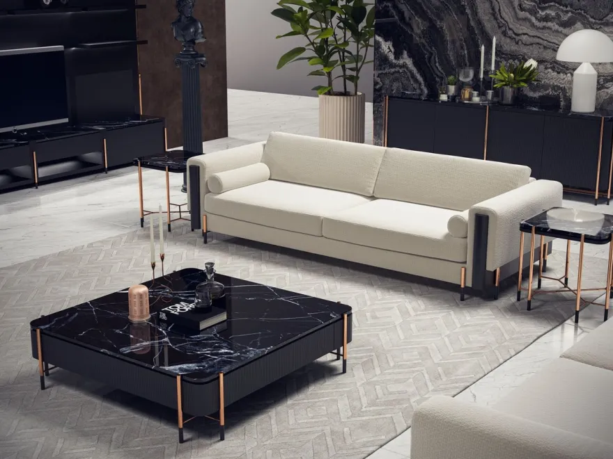 Casa Padrino Luxus Couchtisch Schwarz / Matt Schwarz / Kupfer 124 x 124 x H. 35 cm - Quadratischer Wohnzimmertisch mit Marmorplatte - Wohnzimmer Möbel - Hotel Möbel - Luxus Möbel