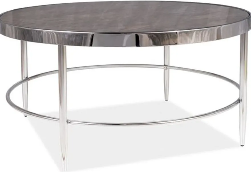 Casa Padrino Luxus Couchtisch Silber / Grau Ø 82 x H. 40 cm - Runder Wohnzimmertisch mit Glasplatte in Marmoroptik - Wohnzimmer Möbel