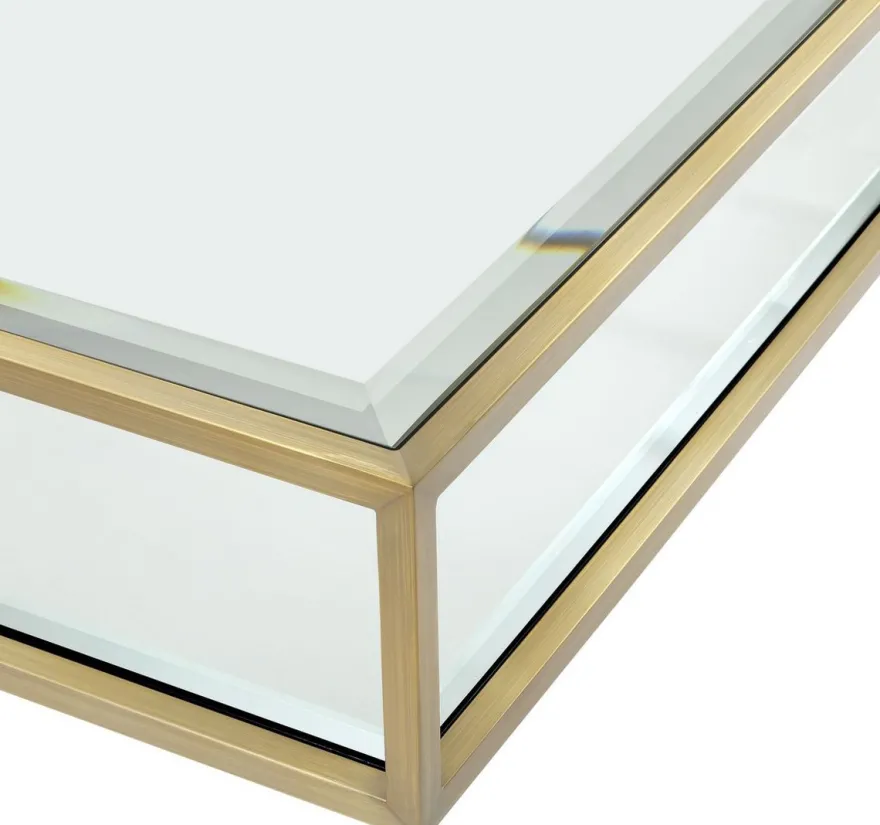 Casa Padrino Luxus Couchtisch Messingfarben / Schwarz 120 x 120 x H. 30 cm - Quadratischer Edelstahl Wohnzimmertisch mit Spiegelglas und Glasplatte - Wohnzimmer Möbel - Luxus Qualität