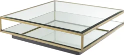 Casa Padrino Luxus Couchtisch Messingfarben / Schwarz 120 x 120 x H. 30 cm - Quadratischer Edelstahl Wohnzimmertisch mit Spiegelglas und Glasplatte - Wohnzimmer Möbel - Luxus Qualität