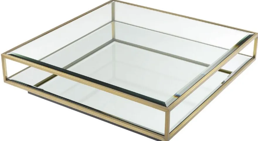 Casa Padrino Luxus Couchtisch Messingfarben / Schwarz 120 x 120 x H. 30 cm - Quadratischer Edelstahl Wohnzimmertisch mit Spiegelglas und Glasplatte - Wohnzimmer Möbel - Luxus Qualität