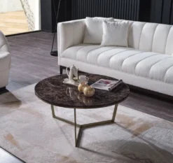Casa Padrino Luxus Couchtisch Schwarz / Messing Ø 90 x H. 41 cm - Runder Wohnzimmertisch mit Kunstmarmor Tischplatte - Wohnzimmer Möbel - Hotel Möbel - Luxus Möbel
