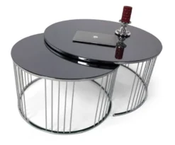 Casa Padrino Luxus Couchtisch Set Silber / Schwarz - 2 runde Wohnzimmertische mit Glasplatte - Wohnzimmer Möbel - Luxus Kollektion