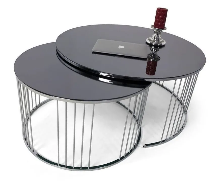 Casa Padrino Luxus Couchtisch Set Silber / Schwarz - 2 runde Wohnzimmertische mit Glasplatte - Wohnzimmer Möbel - Luxus Kollektion