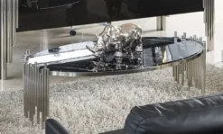 Casa Padrino Luxus Couchtisch mit Kunstmarmor Tischplatte Schwarz / Silber 140 cm - Luxus Möbel