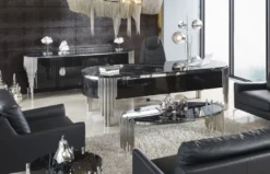 Casa Padrino Luxus Couchtisch mit Kunstmarmor Tischplatte Schwarz / Silber 140 cm - Luxus Möbel