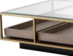 Casa Padrino Luxus Couchtisch Messing / Grau / Schwarz 180 x 90 x H. 37 cm - Rechteckiger Wohnzimmertisch mit Glasplatte - Hotel Tisch - Wohnzimmer Möbel - Hotel Möbel - Luxus Möbel